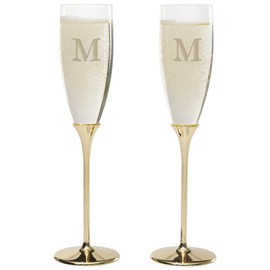 Personalization Universe Initial Engraved Gold Flute Set – Set of 2 – Custom Etched Initial – Polished Gold-Plated Stems – Satin-Lined Gift Box – Elegant Toasting Glasses