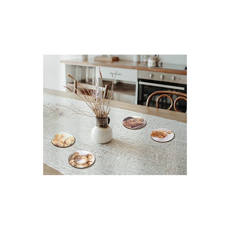4 x Round Ginger Cat Coasters - Kitten Animals Set