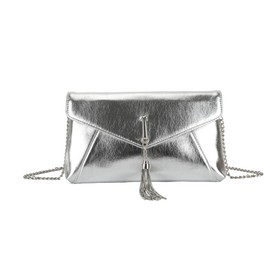 LeahWard Evening Clutch Purse, Chain Strap, Tassel Detail, Envelope Design (Silver)