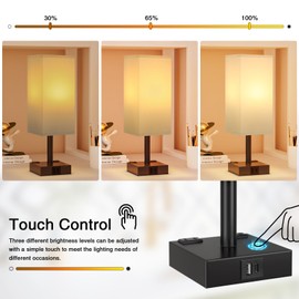 Touch Bedside Table Lamp for Nightstand - 3-Way Dimmable Night Lamp with USB A + Type C Charging Ports and Two AC Outlets, Small Desk Light with E26 LED Bulb for Bedroom Living Room,White Black