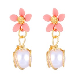 Flower Pearls Drop Statement Earrings for Women Teen Girls,14K Gold Bohemia Large Pearl Plants Dangling Earrings Party Prom Trendy Jewelry Gifts (Pink)