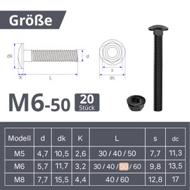 ORTAVA Carriage Bolts M6×50 Stainless Steel A2 V2A DIN 603 (Pack of 20) with Hex Flange Nut, Carbon Steel, Round-Head Screws (Black)