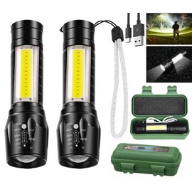 Wrrozz Led Flashlight Rechargeable USB Torch Mini Small Light Super Bright Handheld Tiny Portable Pocket Keychain Flash Light with COB Side Searchlight High Lumens Zoomable Emergency Camping 2 Pack