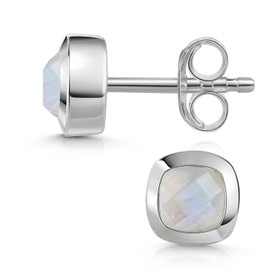 MATERIA by Matthias Wagner Small Gemstone Stud Earrings Silver 925 Earrings for Women Square, Silver, Moonstone