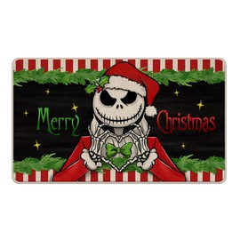 Pycat Merry Christmas Jack Decorative Front Door Mat, Xmas Doormat Indoor Outdoor Non-Slip Floor Entryway Rug, Winter Holiday Home Kitchen Decoration 17x29 Inch