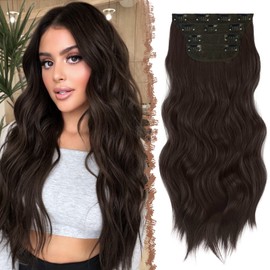FESHFEN Clip in Hair Extensions 4PCS Dark Brown Thick Hair Piece Long Wavy Clip in Extensions Full Head Synthetic Fiber Hairpieces for Women, 20 Inches 180g