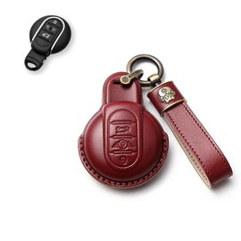 SANRILY Car Key Cover fit for Mini Cooper 2016-2021 Clubman Countryman Hardtop Convertible Keyless Remote Key Holder Leather Key Protective Case with Lucky Cat Keychain Red