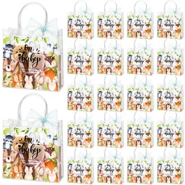 Sinload 25 Pack Baby Shower Gifts Bags for Guests Oh Baby Animal Gifts Bag with Handle Clear Plastic PVC Bags with Green Ribbon for Gender Reveal Party Guest Gift