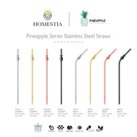 Homestia 4-Piece Reusable Metal Straws Drinking Straws with Pineapple Decor 10.5" Stainless Steel Straws includes 2 Straight+2 Bent+1 Cleaning Brush(Rose Gold)