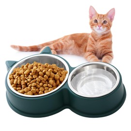 HTRTRR Cat Bowl Set, Stainless Steel Non-Slip Cat Bowls, Feeding Bowls for Cats and Puppies, Non-Slip Feeder Available in Green, Blue, Pink (Green)
