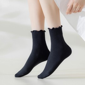 Mcool Mary - Calcetines casuales con volantes para mujer, calcetines de punto transpirables de algodón suave con volantes para mujer, paquete de 6, Negro-1, 5-9