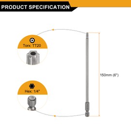 HARFINGTON 5pcs TT20 Security Torx Head Screwdriver Bit 6" (150mm) Long 1/4" Hex Shank Magnetic Tamper Proof 6 Point Star Screw Driver Drill Bits S2 Steel Hole Tip Industrial Power Tools