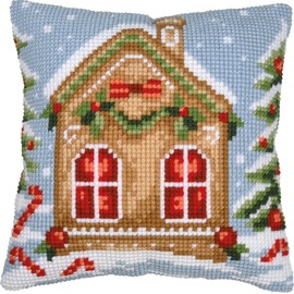 Vervaco Cross Stitch Kit Decorative Cushion Gingerbread House Crafts Adults Decoration Embroidery Kit Beginners Complete DIY Embroidery Creative Gift ca. 40 x 40 cm Cross Stitch Embroidery