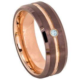 Jewelry Avalanche 8MM Brushed Brown & Rose Gold IP Grooved Center Tungsten Carbide Wedding Band - 0.07ct Topaz Tungsten Ring - November Birthstone Ring -13
