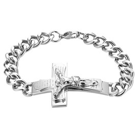 OIDEA Men's Jesus Cross Bracelet: Silver Bracelet Stainless Steel Curb Chain Crucifix English Bible Bangle Wrist Religious Jewellery Gift for Men Father Friend, Stainless Steel