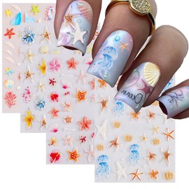 5D Ocean Nail Stickers Embossed Hawaiian Hibiscus Flowers Nail Art Decals Self Adhesive Starfish Summer Tropical Nails Design Supplies Accessories Pegatinas para Uñas