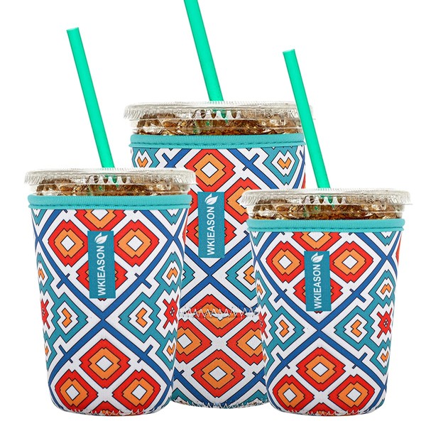 Reusable Iced Coffee Insulator Sleeve for Cold Beverages and Neoprene Cold Coffee Cup Sleeves Cooler Cover 16-32OZ for Coffee Cups, McDonalds, Dunkin Donuts, More(Bohemia print)