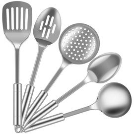 5Pcs Kitchen Cooking Utensils Set, Heat Resistant Stainless Steel Spoons Spatula Set with Hanging Hole, Non-Stick Cooking Tools, Kitchen Tools Gadgets Set Dishwasher Safe for Cooking