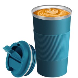 MOYAC Termos para Cafe 510 ml con Diseño de Protector de Mano de Silicona Antideslizante, Termo Agua de Gran Capacidad de Acero Inoxidable, Termo Cafe al Vacío para Preparar Leche, Café, Té (Azul)