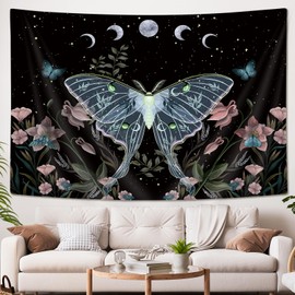 Drgilau Blue Moth Tapestry Wall Hanging, Moon Phase Stars Cute Plants Butterfly Floral Botanical Nature Aesthetic Celestial Wall Tapestries for Bedroom Home Living Room Dorm 71X60 Inch