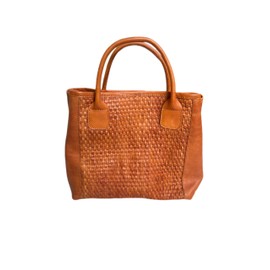 Large Woven Leather Tote Handbag, Tan Brown, Handcrafted Basket Weave Pattern, Dual Handle with Shoulder Strap (light brown)