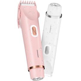 Fanovae X1 Bikini Trimmer for Women, 2-Pack Dual-Head Electric Razor (Wide Trimmer + Round Micro Shaver), IP67 Waterproof Wet & Dry, USB-C Rechargeable, Guide Comb 3/6mm – Petal Pink + White