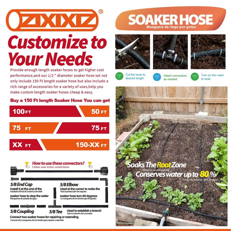Zixixiz 150FT 1/2-Inch Soaker Hose, Flexible with Solid Brass Connector,