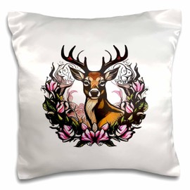 3dRose 16x16 inch Pillow Case - Arkansas Deer with Antlers and Apple Blossom Tattoo Art Vector Art - Arkansas State Mammal Flower