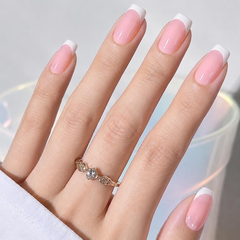120 Uñas Postizas Francesas Cuadradas, Rosa Nude, 12 Tamaños