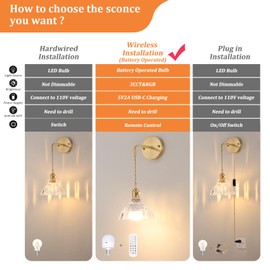 Shenmoyl Battery Operated Wall Sconce Wall Lamp with Clear Lily of The Valley Shade Pattern Glass Adjustable Chain Retro Gold Wall Light, Modern Wall Lamp Fixtures Decor for Bedside Bedroom