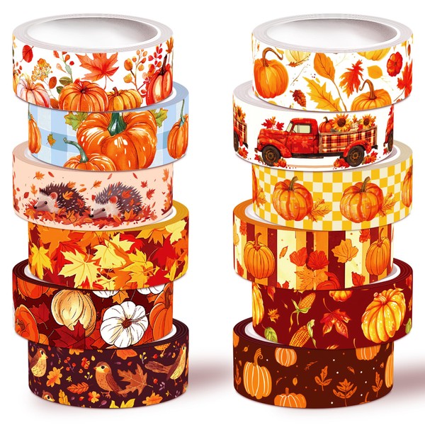 NIKOMIE Washi Tape Set,12 Rolls Fall Pumpkin Maple Leaves Decorative