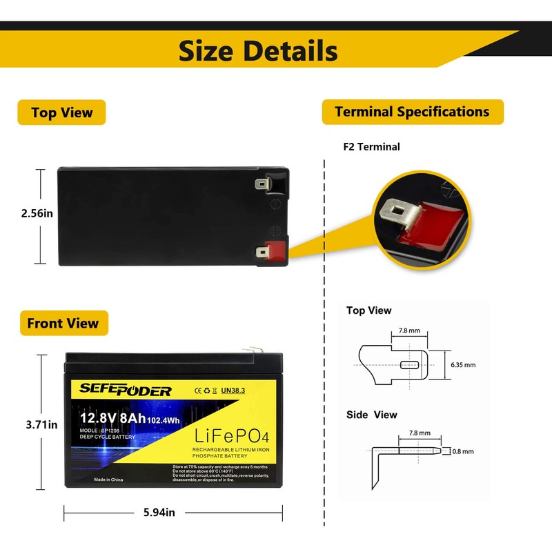 SEFEPODER 12V 8Ah Lifepo4 Lithium Deep Cycle Battery 2 Pack,