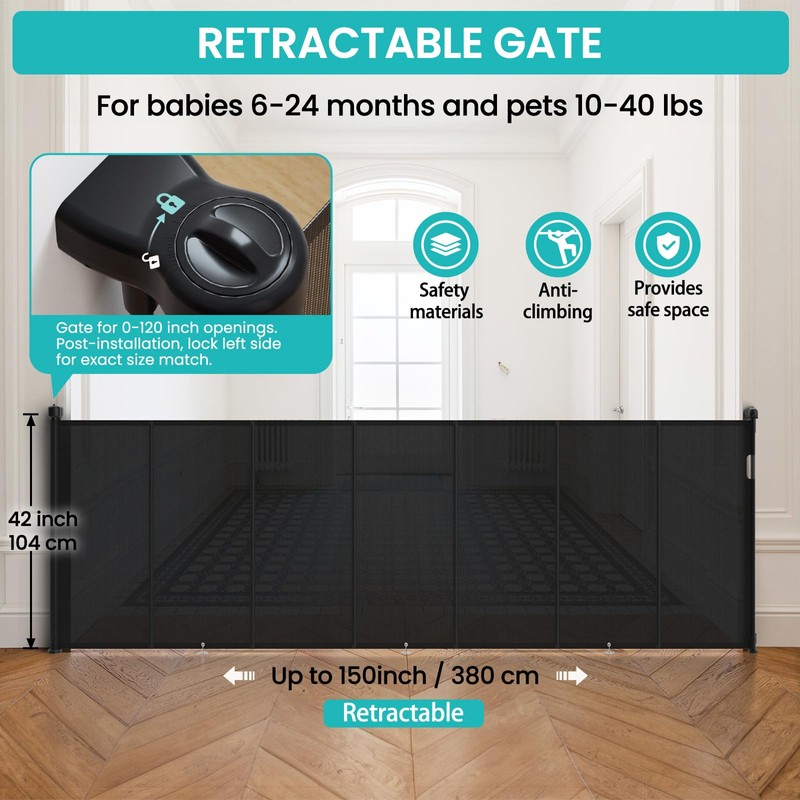 Upgrade Retractable Baby Gates Extra Wide (150" W x 42"