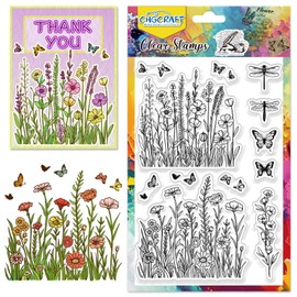 CHGCRAFT Wildflowers Clear Stamps Insects Butterfly Dragonfly Stamps Spring Silicone Stamps Transparent Paper Craft Stamps for Journaling Card Making DIY Scrapbooking Handmade Photo Album Notebook