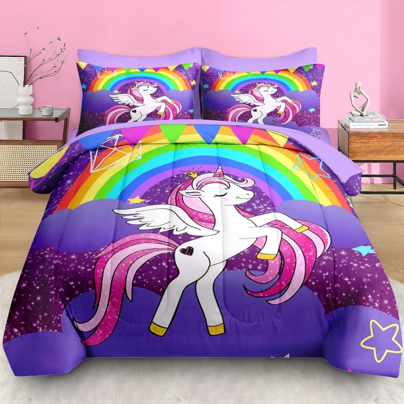 Pamnest Full Comforter Set for Girls, 7 Pieces Unicorn Bedding