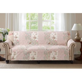Brilliant Sunshine Traditional Rose and Sage Patchwork Couch Cover, Quilted X-Large Sofa Slipcover, 78" Seat Width, Slip Resistant Furniture Protector, 2" Strap, Washable Cover for Dogs, Rose Sage