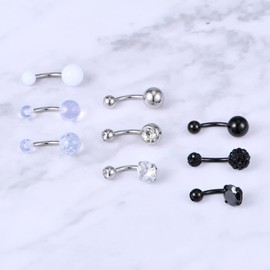 AceFun 14G Belly Bars Belly 10mm Button Bars Navel Ring Barbell Piercings Black and Silver 9 Pcs 1.6mm