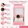 Set Reloj Cuarzo Mujer Correa Piel Rosa + 5 Pulseras