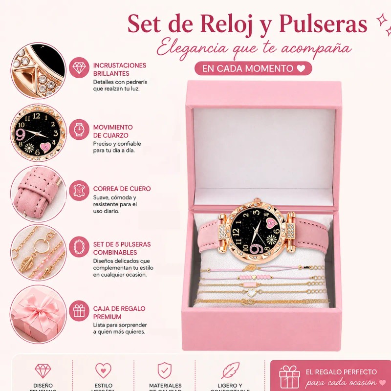 Set Reloj Cuarzo Mujer Correa Piel Rosa + 5 Pulseras