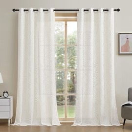ugoutry Linen Curtains for Bedroom, Silver Curtains 96 Inches Long Farmhouse Curtain for Living Room, Silver Foil Geometric Drapes, Moroccan Beige Light Filtering Curtain 2 Panels Grommet Top