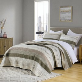 Y-PLWOMEN 100% Cotton Quilts Queen Size - 3 Piece Striped Quilt Set, Farmhouse Queen Quilt Lightweight Cozy Bedspread Sets for All Season, Brown Moonbean