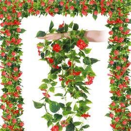 Hotop 6 Pcs 7.55 Ft Artificial Morning Silk Glory Vines for Outdoor Fake Hanging Flowers Plants Faux Silk Morning Glory Flower Garland Long Vines for Wall Fence Indoor Wedding Banquet Decor(Red)