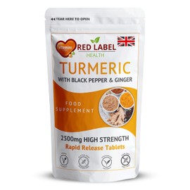 Red Label Health Turmeric Tablets 2620 mg with Black Pepper & Ginger, 120 Count (4 Months Supply) High Strength Curcumin Supplements, Not Turmeric Capsules, Vegan and Gluten Free, UK Made