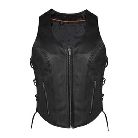 Ladies womens solid soft leather biker motorcycle vest black concealed carry (XL, Black)