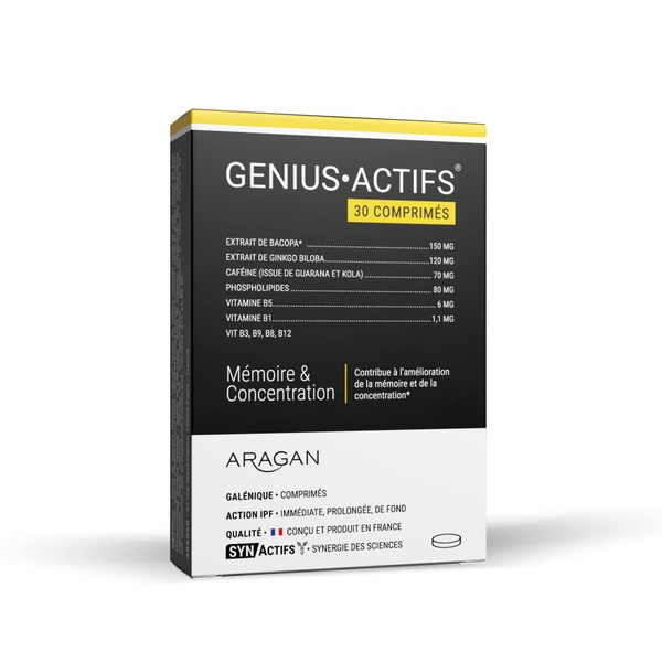 ARAGAN - Synactives - Geniusactif - Food Supplement Memory and Concentration - Bacopa, Caffeine, Guarana, Ginkgo Biloba and Vitamins - 30 tablets - 15 days taken - Made in France