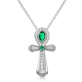Simulated Green Emerald Diamond Large Ankh Cross Ribbon Necklace for Women Mom Sterling Silver Moissanite Pendant Necklace