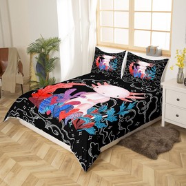 Cute Axolotl Bedding Set Queen Size for Kids Boys Bedroom Cartoon Salamander Bed Duvet Cover Set Kawaii Animals Comforter Cover Constellation Black Decor 3 Pieces 1 Duvet Cover with 2 Pillowcases