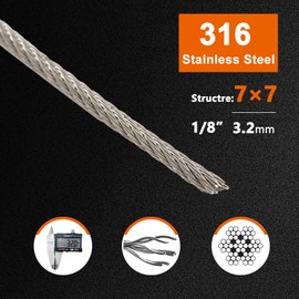 Fiberfly 1/8" T316 Stainless Steel Cable 1000FT,Stainless Steel Wire Rope with 20 Pcs Stainless Steel Protector Sleeve and Cable Cutter,Aircraft Cable for Deck Railing, 7 X 7 Strands Construction