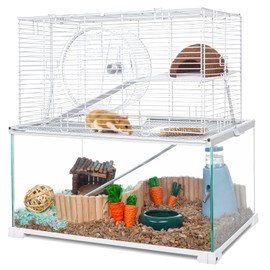 OIIBO 3 Tiers Large Hamster Cages Glass, Heightened Wire Topper with Two Shelf and Two Ladders Ramps, Openable Top, Easy to Clean Removeable Waterproof PVC Tray Medium