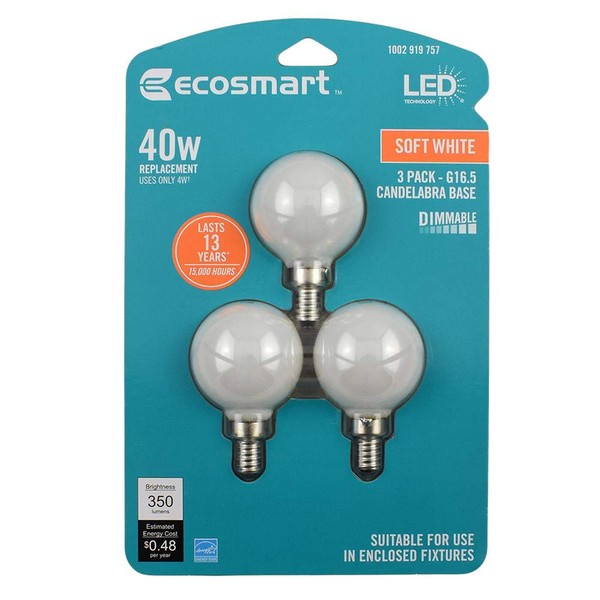 EcoSmart 40-Watt Equivalent G16.5 Dimmable Energy Star Frosted Filament LED Light Bulb Soft White (3-Pack)